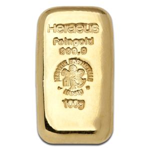 100g Heraeus 999.9 Fine Gold Bar Casted