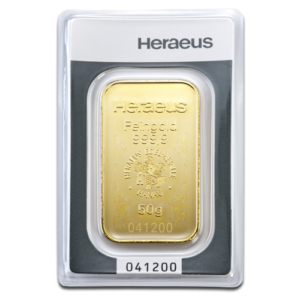 50g Heraeus 999.9 Fine Gold Bar Minted