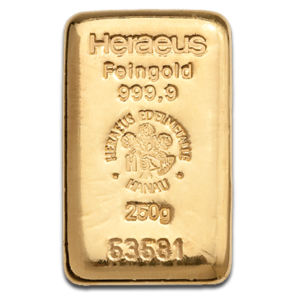 250g Heraeus 999.9 Fine Gold Bar Casted